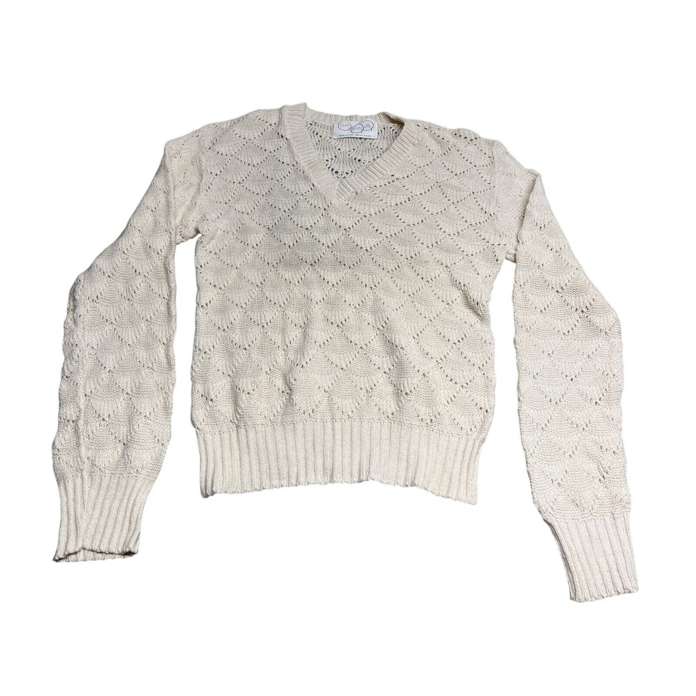 Cue Knits Cream V-Neck Diamond Pattern Knit Sweater Womens M‎ Doily
